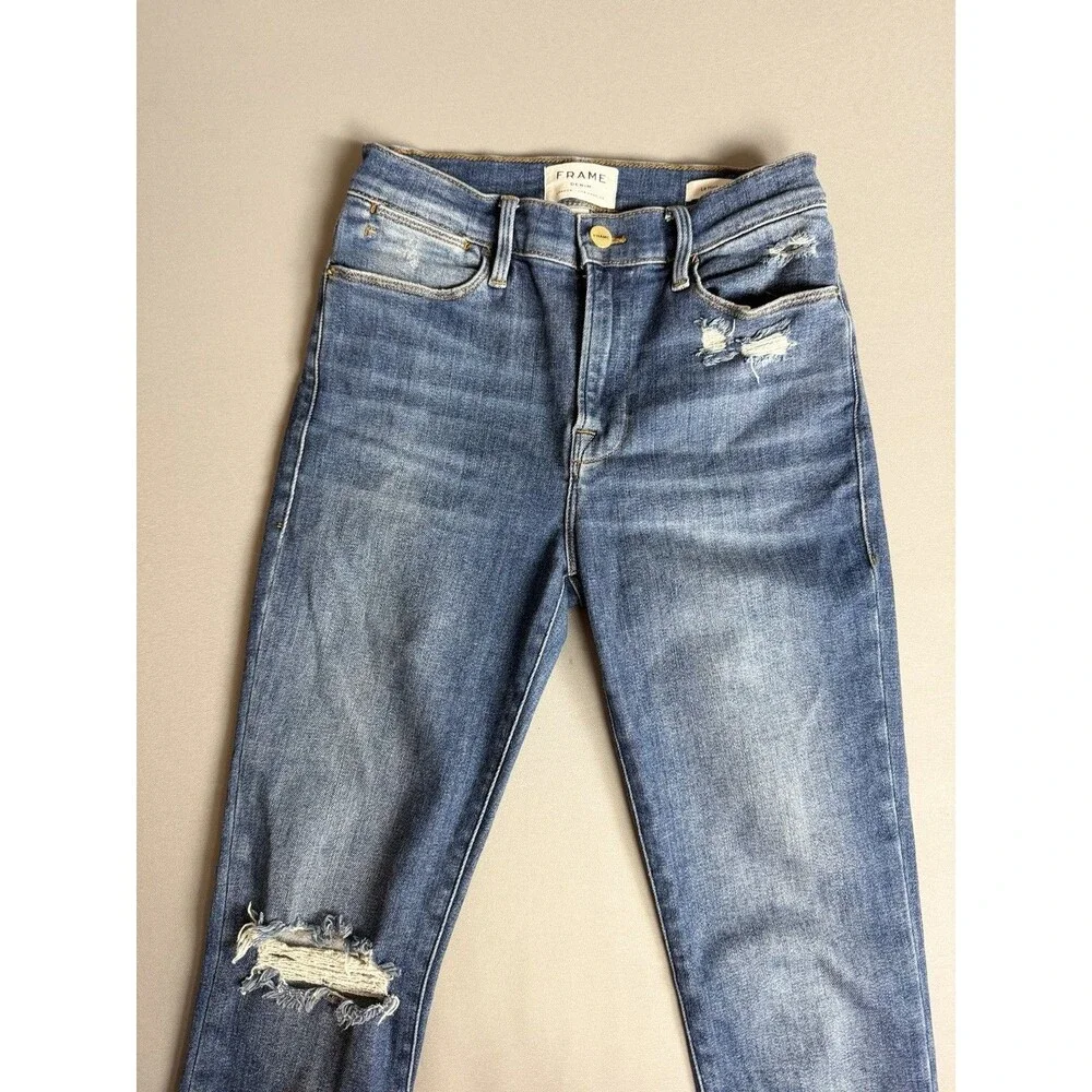 FRAME Le High Skinny Jeans Womens 27 Distressed Blue Stretch Denim Raw Hem - Picture 4 of 16
